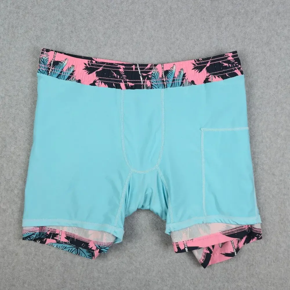 SURFCUZ Mens Medium Pink Swim Trunks Black Blue Palm Tree Pattern Drawstring